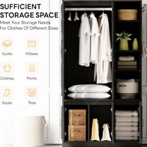 LIKIMIO Armoire Wardrobe Closet 70" H, 5 Doors Bedroom Wooden Wardrobe with 4 Storage Shelves and Hanging Rod, Clothing Storage Cabinet Organizer Combination, White