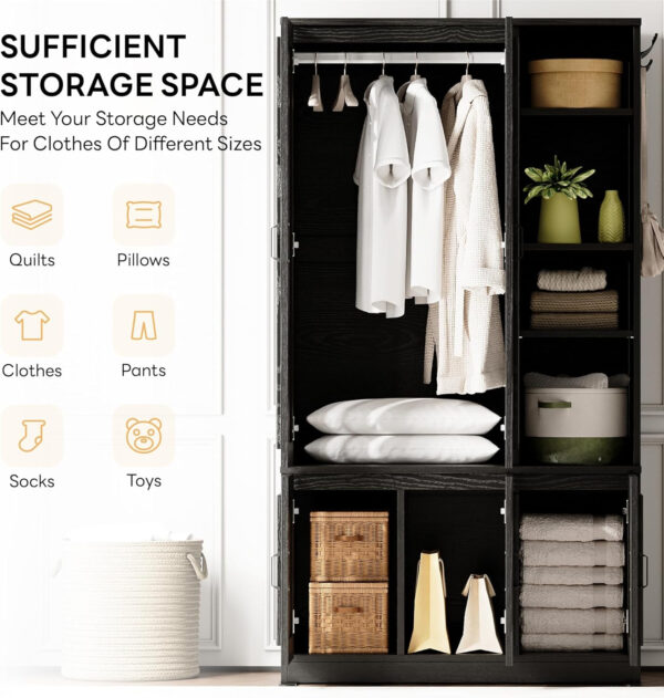 LIKIMIO Armoire Wardrobe Closet 70" H, 5 Doors Bedroom Wooden Wardrobe with 4 Storage Shelves and Hanging Rod, Clothing Storage Cabinet Organizer Combination, White