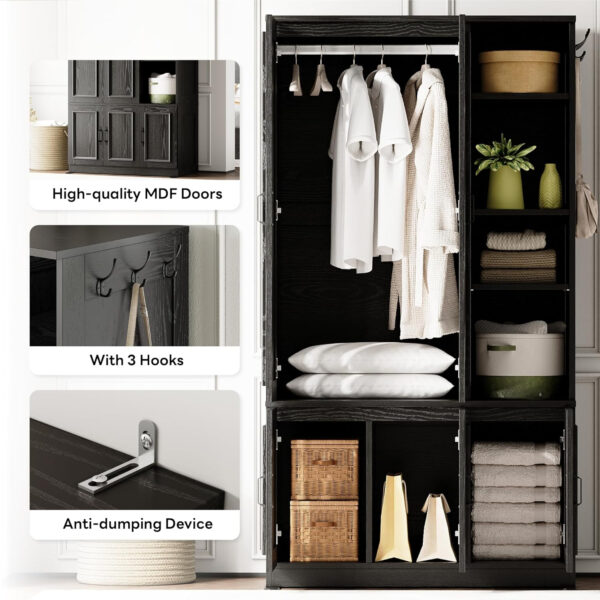 LIKIMIO Armoire Wardrobe Closet 70" H, 5 Doors Bedroom Wooden Wardrobe with 4 Storage Shelves and Hanging Rod, Clothing Storage Cabinet Organizer Combination, White