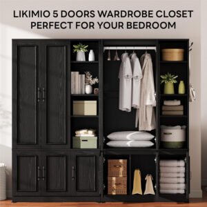LIKIMIO Armoire Wardrobe Closet 70" H, 5 Doors Bedroom Wooden Wardrobe with 4 Storage Shelves and Hanging Rod, Clothing Storage Cabinet Organizer Combination, White