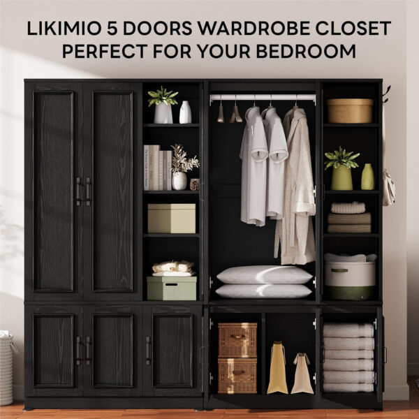 LIKIMIO Armoire Wardrobe Closet 70" H, 5 Doors Bedroom Wooden Wardrobe with 4 Storage Shelves and Hanging Rod, Clothing Storage Cabinet Organizer Combination, White