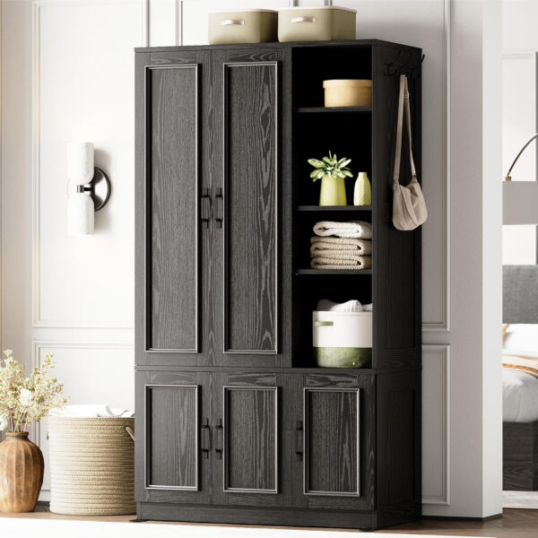 LIKIMIO Armoire Wardrobe Closet 70" H, 5 Doors Bedroom Wooden Wardrobe with 4 Storage Shelves and Hanging Rod, Clothing Storage Cabinet Organizer Combination, White