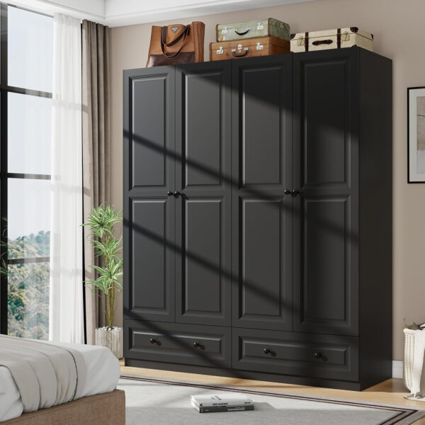 Black Armoire Wardrobe Closet with 2 Drawers: 74" Modern Wood Wardrobe Closet with 4 Doors, Storage Armoire with Shelves, Tall Clothes Cabinet for Bedroom (Black, 63")