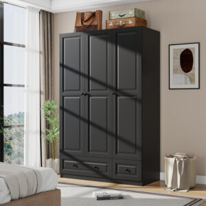 Black Armoire Wardrobe Closet with 2 Drawers: 74" Modern Wood Wardrobe Closet with 4 Doors, Storage Armoire with Shelves, Tall Clothes Cabinet for Bedroom (Black, 63")