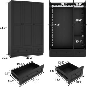Black Armoire Wardrobe Closet with 2 Drawers: 74" Modern Wood Wardrobe Closet with 4 Doors, Storage Armoire with Shelves, Tall Clothes Cabinet for Bedroom (Black, 63")