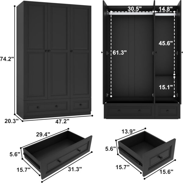 Black Armoire Wardrobe Closet with 2 Drawers: 74" Modern Wood Wardrobe Closet with 4 Doors, Storage Armoire with Shelves, Tall Clothes Cabinet for Bedroom (Black, 63")