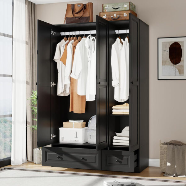 Black Armoire Wardrobe Closet with 2 Drawers: 74" Modern Wood Wardrobe Closet with 4 Doors, Storage Armoire with Shelves, Tall Clothes Cabinet for Bedroom (Black, 63")