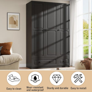 Black Armoire Wardrobe Closet with 2 Drawers: 74" Modern Wood Wardrobe Closet with 4 Doors, Storage Armoire with Shelves, Tall Clothes Cabinet for Bedroom (Black, 63")