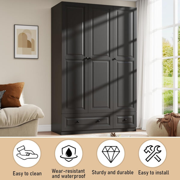 Black Armoire Wardrobe Closet with 2 Drawers: 74" Modern Wood Wardrobe Closet with 4 Doors, Storage Armoire with Shelves, Tall Clothes Cabinet for Bedroom (Black, 63")