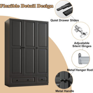 Black Armoire Wardrobe Closet with 2 Drawers: 74" Modern Wood Wardrobe Closet with 4 Doors, Storage Armoire with Shelves, Tall Clothes Cabinet for Bedroom (Black, 63")