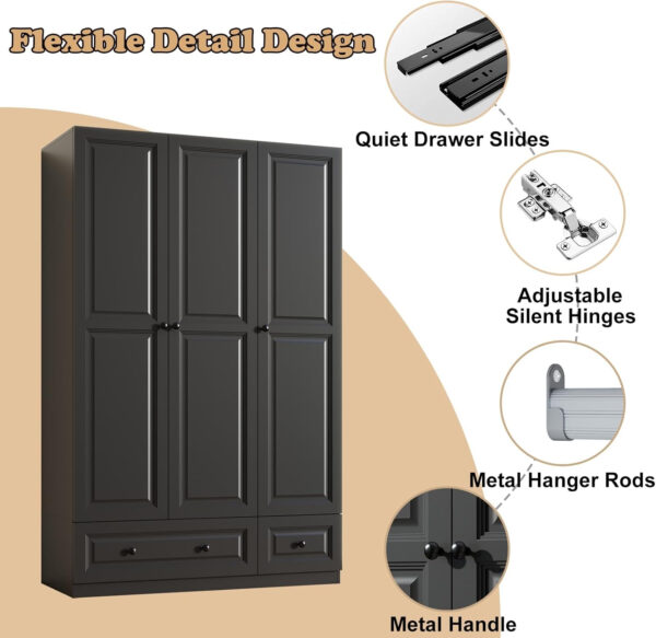 Black Armoire Wardrobe Closet with 2 Drawers: 74" Modern Wood Wardrobe Closet with 4 Doors, Storage Armoire with Shelves, Tall Clothes Cabinet for Bedroom (Black, 63")