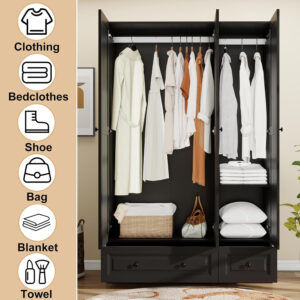 Black Armoire Wardrobe Closet with 2 Drawers: 74" Modern Wood Wardrobe Closet with 4 Doors, Storage Armoire with Shelves, Tall Clothes Cabinet for Bedroom (Black, 63")