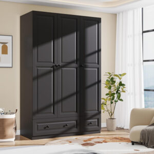 Black Armoire Wardrobe Closet with 2 Drawers: 74" Modern Wood Wardrobe Closet with 4 Doors, Storage Armoire with Shelves, Tall Clothes Cabinet for Bedroom (Black, 63")