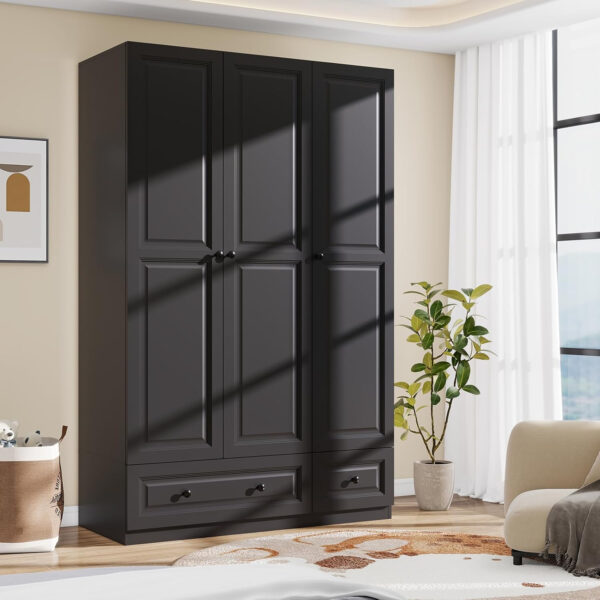 Black Armoire Wardrobe Closet with 2 Drawers: 74" Modern Wood Wardrobe Closet with 4 Doors, Storage Armoire with Shelves, Tall Clothes Cabinet for Bedroom (Black, 63")