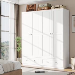 Black Armoire Wardrobe Closet with 2 Drawers: 74" Modern Wood Wardrobe Closet with 4 Doors, Storage Armoire with Shelves, Tall Clothes Cabinet for Bedroom (Black, 63")