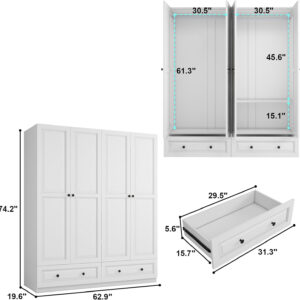 Black Armoire Wardrobe Closet with 2 Drawers: 74" Modern Wood Wardrobe Closet with 4 Doors, Storage Armoire with Shelves, Tall Clothes Cabinet for Bedroom (Black, 63")