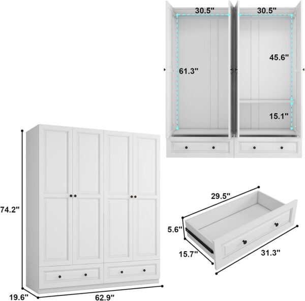 Black Armoire Wardrobe Closet with 2 Drawers: 74" Modern Wood Wardrobe Closet with 4 Doors, Storage Armoire with Shelves, Tall Clothes Cabinet for Bedroom (Black, 63")