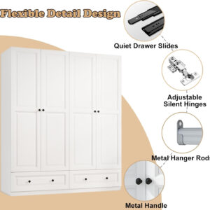 Black Armoire Wardrobe Closet with 2 Drawers: 74" Modern Wood Wardrobe Closet with 4 Doors, Storage Armoire with Shelves, Tall Clothes Cabinet for Bedroom (Black, 63")