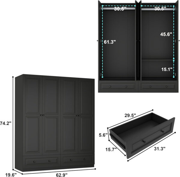 Black Armoire Wardrobe Closet with 2 Drawers: 74" Modern Wood Wardrobe Closet with 4 Doors, Storage Armoire with Shelves, Tall Clothes Cabinet for Bedroom (Black, 63")