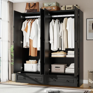 Black Armoire Wardrobe Closet with 2 Drawers: 74" Modern Wood Wardrobe Closet with 4 Doors, Storage Armoire with Shelves, Tall Clothes Cabinet for Bedroom (Black, 63")