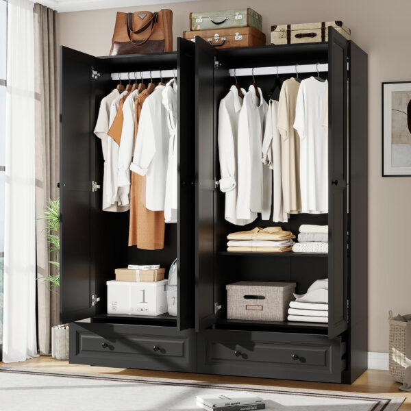 Black Armoire Wardrobe Closet with 2 Drawers: 74" Modern Wood Wardrobe Closet with 4 Doors, Storage Armoire with Shelves, Tall Clothes Cabinet for Bedroom (Black, 63")