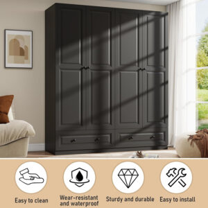 Black Armoire Wardrobe Closet with 2 Drawers: 74" Modern Wood Wardrobe Closet with 4 Doors, Storage Armoire with Shelves, Tall Clothes Cabinet for Bedroom (Black, 63")