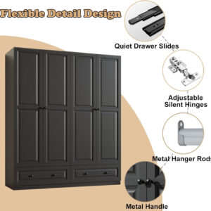 Black Armoire Wardrobe Closet with 2 Drawers: 74" Modern Wood Wardrobe Closet with 4 Doors, Storage Armoire with Shelves, Tall Clothes Cabinet for Bedroom (Black, 63")