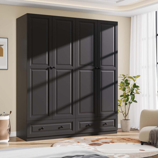 Black Armoire Wardrobe Closet with 2 Drawers: 74" Modern Wood Wardrobe Closet with 4 Doors, Storage Armoire with Shelves, Tall Clothes Cabinet for Bedroom (Black, 63")
