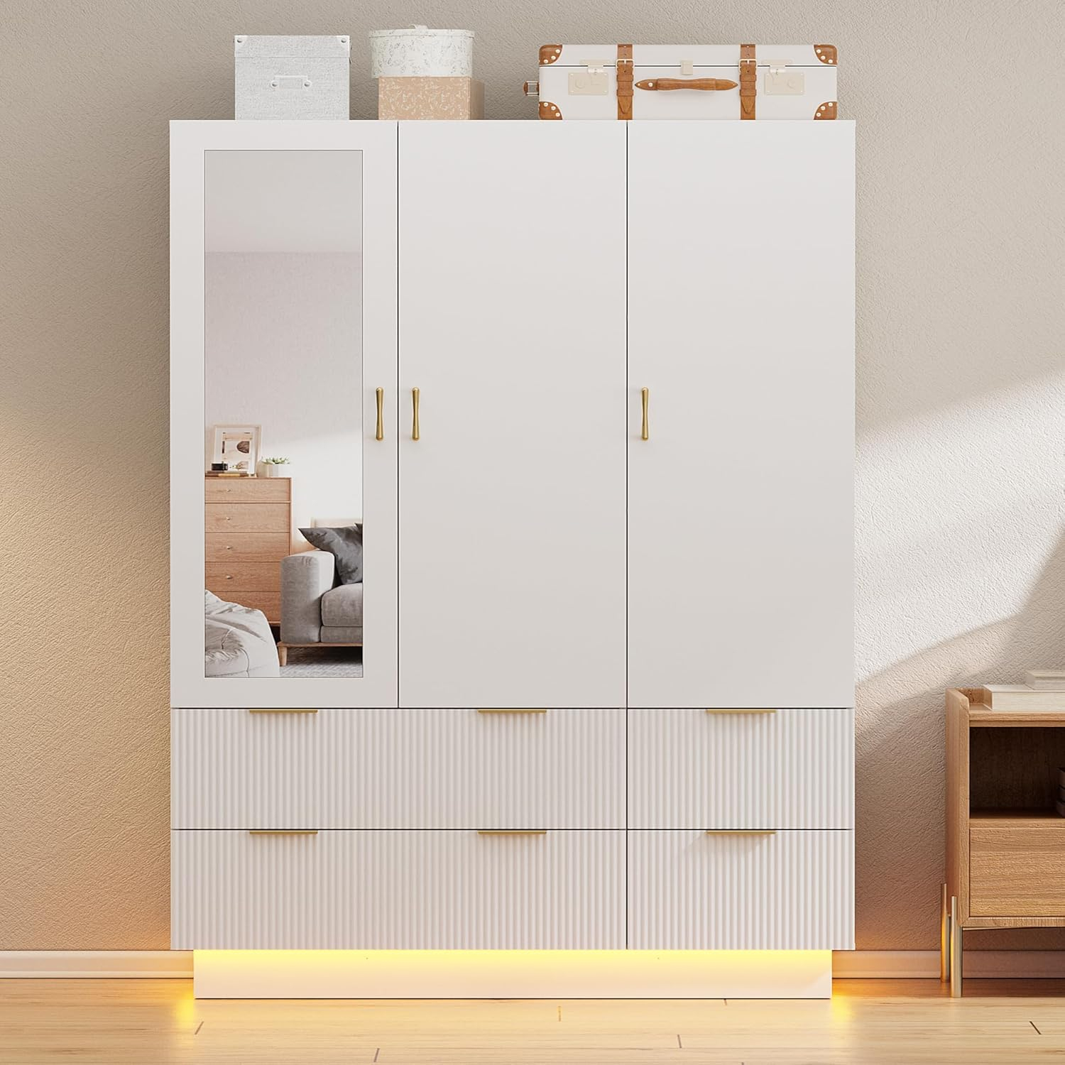 PAKASEPT Armoire Wardrobe Closet with 3 Door, Bedroom Armoires with Mirror and LED Lights, Hanging Rod, Drawers, Large Capacity Storage Wardrobe Armoire for Bedroom