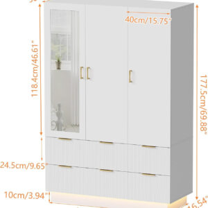 PAKASEPT Armoire Wardrobe Closet with 3 Door, Bedroom Armoires with Mirror and LED Lights, Hanging Rod, Drawers, Large Capacity Storage Wardrobe Armoire for Bedroom