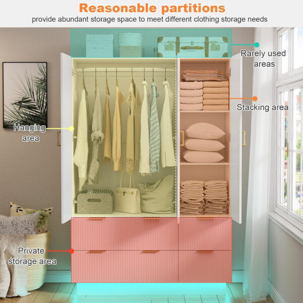 PAKASEPT Armoire Wardrobe Closet with 3 Door, Bedroom Armoires with Mirror and LED Lights, Hanging Rod, Drawers, Large Capacity Storage Wardrobe Armoire for Bedroom