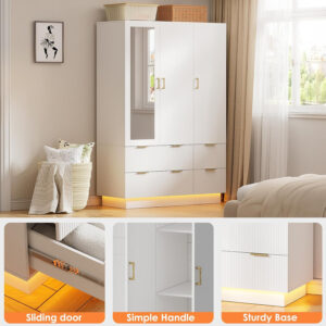 PAKASEPT Armoire Wardrobe Closet with 3 Door, Bedroom Armoires with Mirror and LED Lights, Hanging Rod, Drawers, Large Capacity Storage Wardrobe Armoire for Bedroom