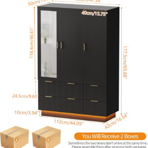 PAKASEPT Armoire Wardrobe Closet with 3 Door, Bedroom Armoires with Mirror and LED Lights, Hanging Rod, Drawers, Large Capacity Storage Wardrobe Armoire for Bedroom