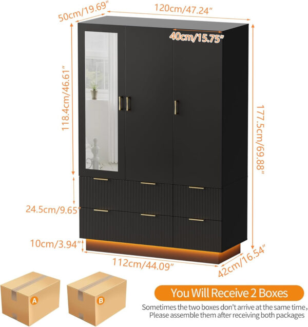 PAKASEPT Armoire Wardrobe Closet with 3 Door, Bedroom Armoires with Mirror and LED Lights, Hanging Rod, Drawers, Large Capacity Storage Wardrobe Armoire for Bedroom