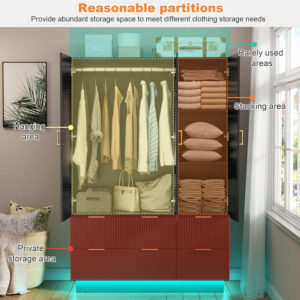 PAKASEPT Armoire Wardrobe Closet with 3 Door, Bedroom Armoires with Mirror and LED Lights, Hanging Rod, Drawers, Large Capacity Storage Wardrobe Armoire for Bedroom