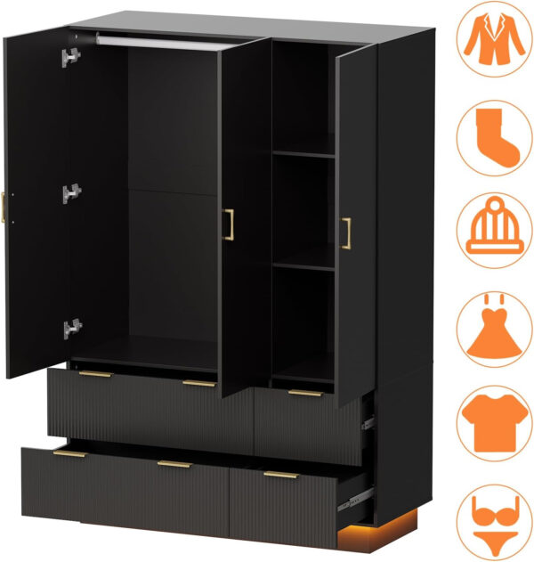 PAKASEPT Armoire Wardrobe Closet with 3 Door, Bedroom Armoires with Mirror and LED Lights, Hanging Rod, Drawers, Large Capacity Storage Wardrobe Armoire for Bedroom