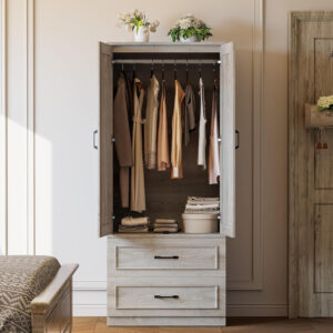 LIKIMIO Armoire Wardrobe Closet with 2 Doors and 2 Drawers 70" H x 28" W Wooden Bedroom Freestanding Wardrobe Combination for Hanging Clothes, White