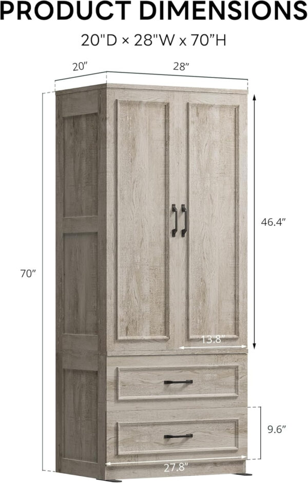 LIKIMIO Armoire Wardrobe Closet with 2 Doors and 2 Drawers 70" H x 28" W Wooden Bedroom Freestanding Wardrobe Combination for Hanging Clothes, White