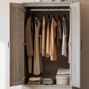 LIKIMIO Armoire Wardrobe Closet with 2 Doors and 2 Drawers 70" H x 28" W Wooden Bedroom Freestanding Wardrobe Combination for Hanging Clothes, White
