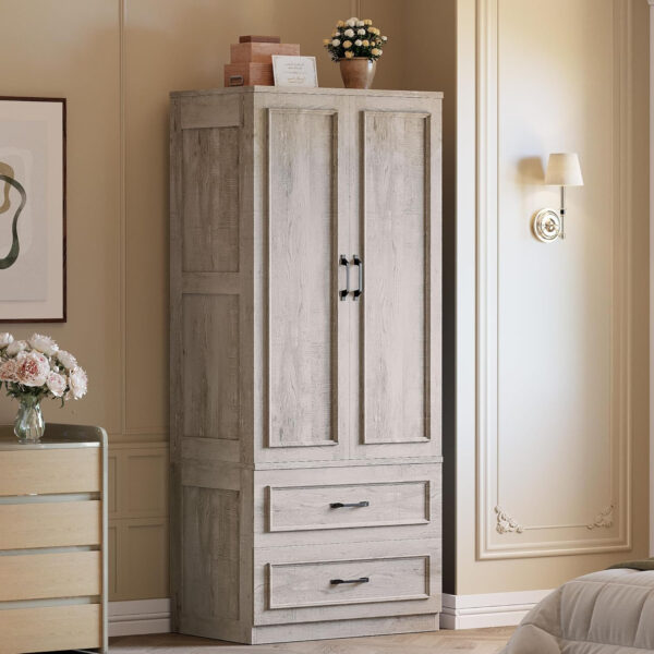 LIKIMIO Armoire Wardrobe Closet with 2 Doors and 2 Drawers 70" H x 28" W Wooden Bedroom Freestanding Wardrobe Combination for Hanging Clothes, White