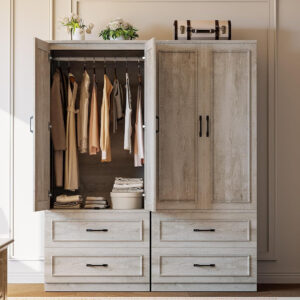 LIKIMIO Armoire Wardrobe Closet with 2 Doors and 2 Drawers 70" H x 28" W Wooden Bedroom Freestanding Wardrobe Combination for Hanging Clothes, White