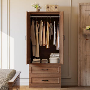 LIKIMIO Armoire Wardrobe Closet with 2 Doors and 2 Drawers 70" H x 28" W Wooden Bedroom Freestanding Wardrobe Combination for Hanging Clothes, White