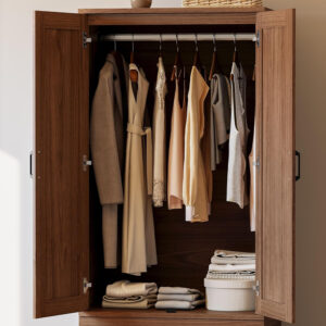 LIKIMIO Armoire Wardrobe Closet with 2 Doors and 2 Drawers 70" H x 28" W Wooden Bedroom Freestanding Wardrobe Combination for Hanging Clothes, White