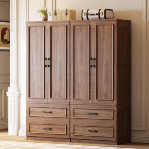 LIKIMIO Armoire Wardrobe Closet with 2 Doors and 2 Drawers 70" H x 28" W Wooden Bedroom Freestanding Wardrobe Combination for Hanging Clothes, White