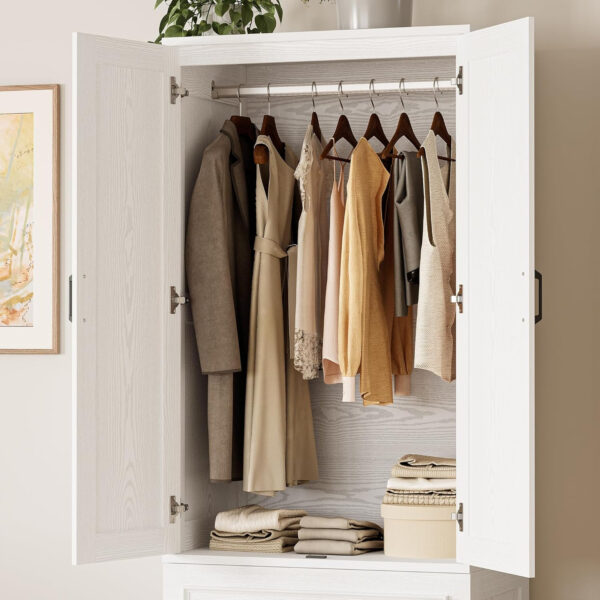 LIKIMIO Armoire Wardrobe Closet with 2 Doors and 2 Drawers 70" H x 28" W Wooden Bedroom Freestanding Wardrobe Combination for Hanging Clothes, White