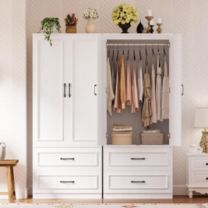 LIKIMIO Armoire Wardrobe Closet with 2 Doors and 2 Drawers 70" H x 28" W Wooden Bedroom Freestanding Wardrobe Combination for Hanging Clothes, White