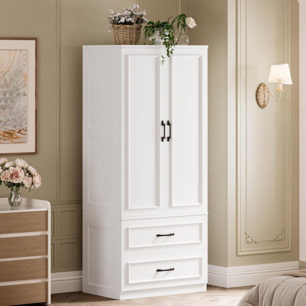 LIKIMIO Armoire Wardrobe Closet with 2 Doors and 2 Drawers 70" H x 28" W Wooden Bedroom Freestanding Wardrobe Combination for Hanging Clothes, White