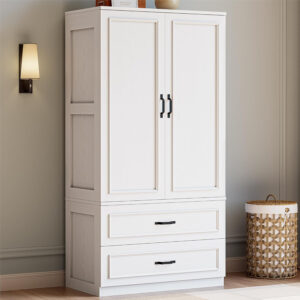 LIKIMIO Armoire Wardrobe Closet with 2 Doors and 2 Drawers 70" H x 28" W Wooden Bedroom Freestanding Wardrobe Combination for Hanging Clothes, White