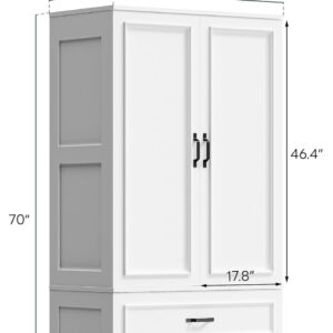 LIKIMIO Armoire Wardrobe Closet with 2 Doors and 2 Drawers 70" H x 28" W Wooden Bedroom Freestanding Wardrobe Combination for Hanging Clothes, White