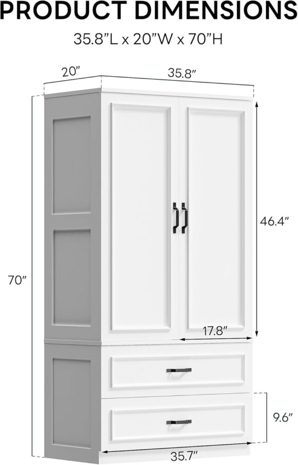 LIKIMIO Armoire Wardrobe Closet with 2 Doors and 2 Drawers 70" H x 28" W Wooden Bedroom Freestanding Wardrobe Combination for Hanging Clothes, White
